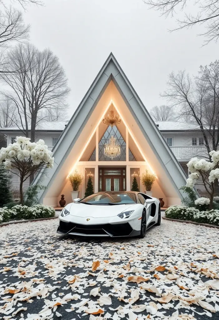 Luxury modern A-frame house with chandeliers, warm lighting, and a white Lamborghini parked in the driveway on a winter day.