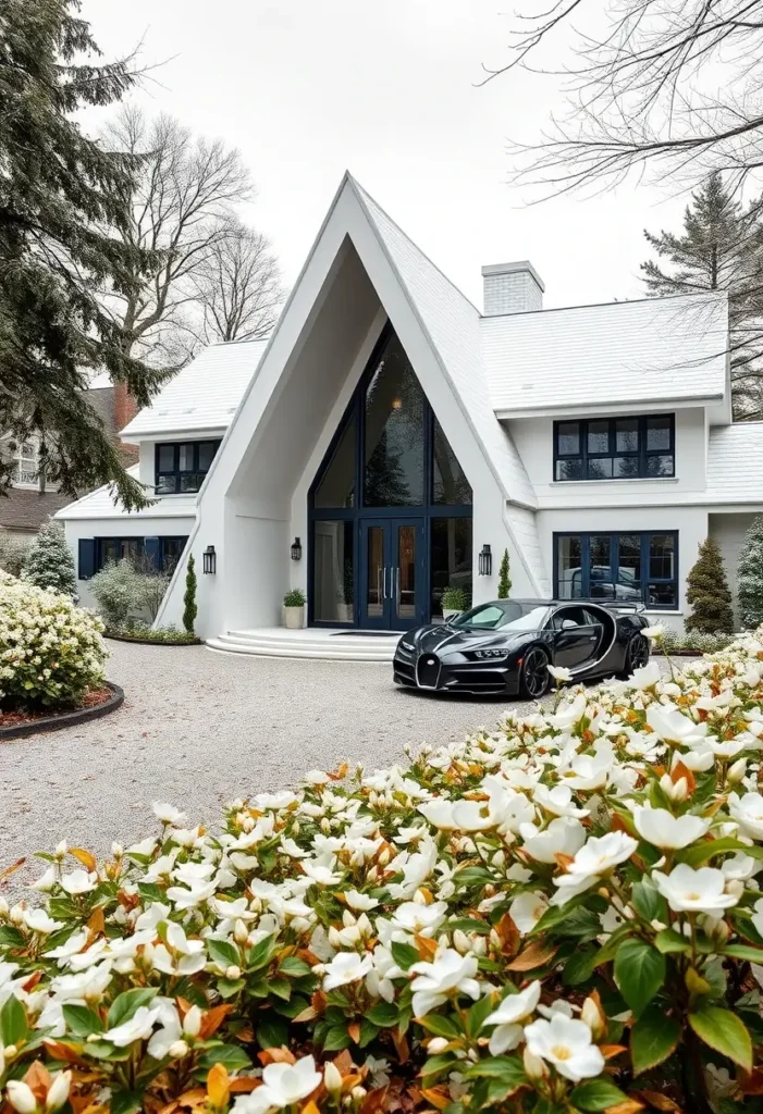 Luxury modern white A-frame house with navy accents and a black Bugatti parked in the driveway, surrounded by elegant landscaping.