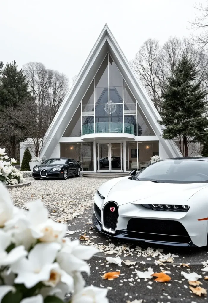 Luxury modern A-frame house with floor-to-ceiling glass windows, a curved balcony, and two Bugattis parked in the driveway.