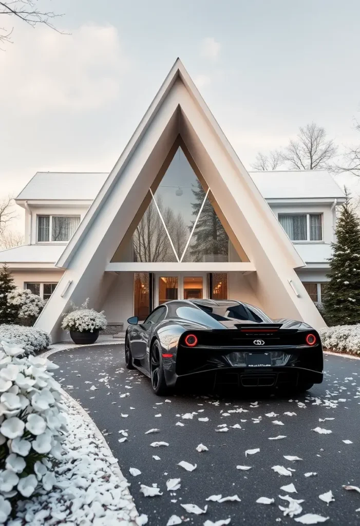 Luxury modern A-frame house with a glass facade, warm lighting, and a black hypercar parked in the driveway, surrounded by snowy landscaping.