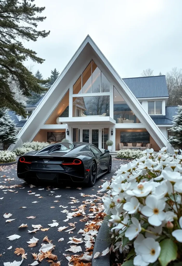 Luxury modern A-frame house with expansive glass windows, a black hypercar, and elegant outdoor seating, surrounded by snowy landscaping.