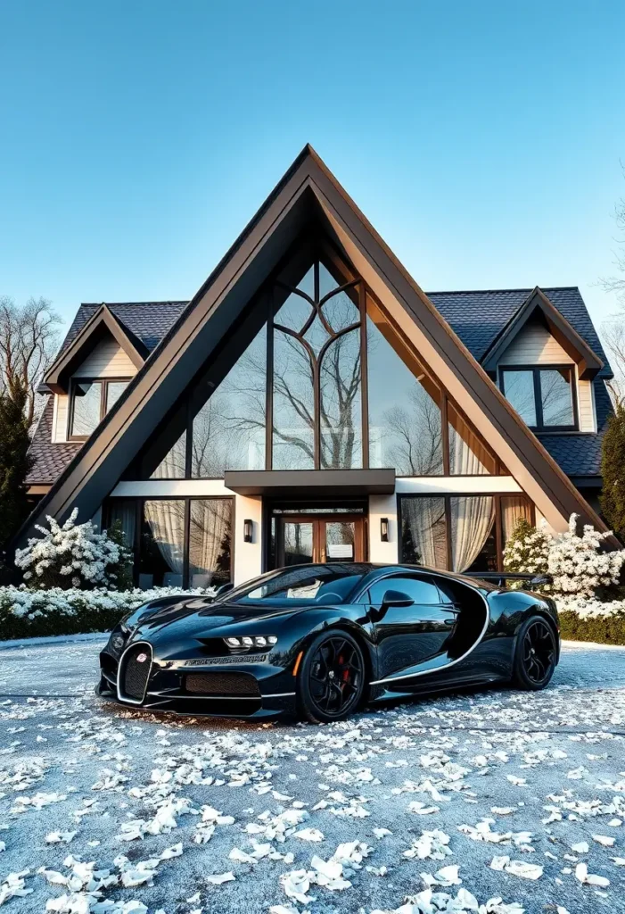 Luxury modern A-frame house with gothic-inspired glass detailing, warm interior lighting, and a black Bugatti parked in the driveway, surrounded by snowy landscaping.