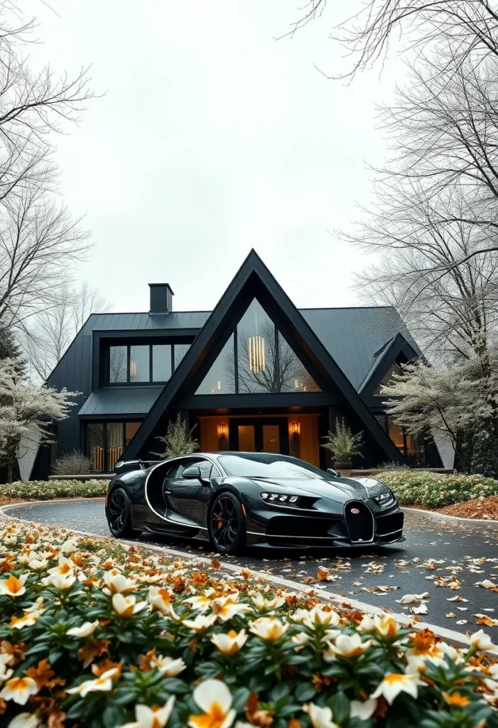 Luxury black A-frame house with large windows, warm interior lighting, and a black Bugatti parked in the driveway, surrounded by autumnal landscaping.