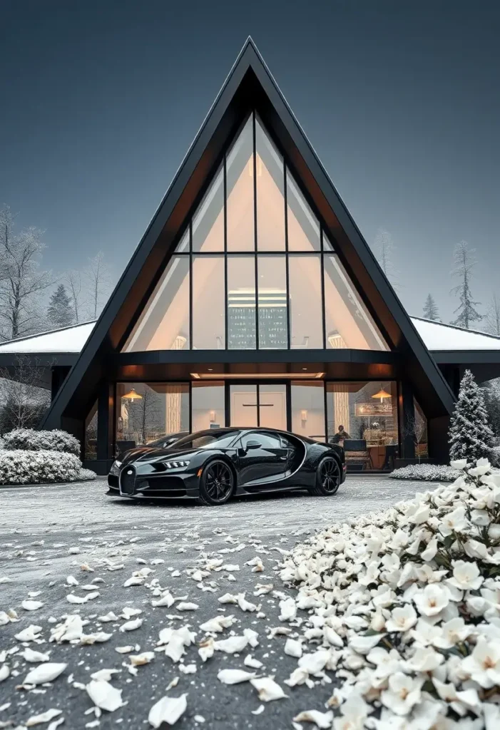 Luxury modern A-frame house with floor-to-ceiling glass, warm interior lighting, and a black Bugatti parked in a snow-covered driveway. Luxury Modern A-Frame Houses