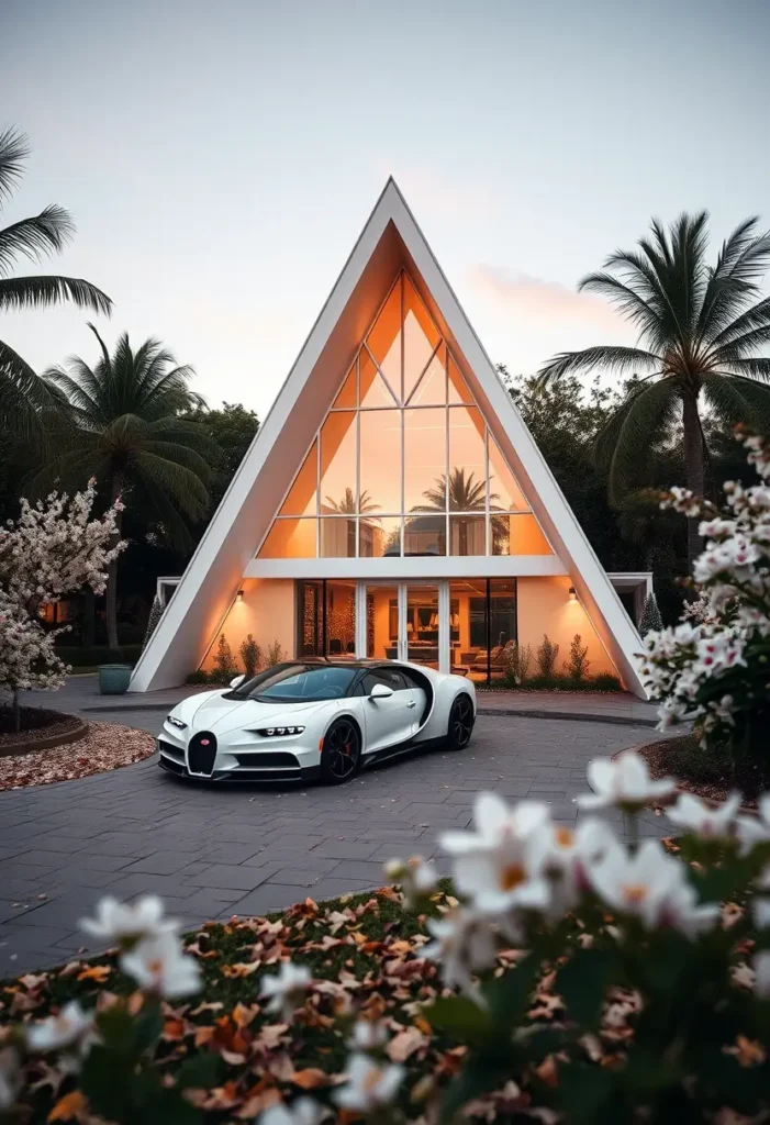 Luxury modern A-frame house with glass walls, warm lighting, and a white Bugatti, surrounded by palm trees in a tropical setting.