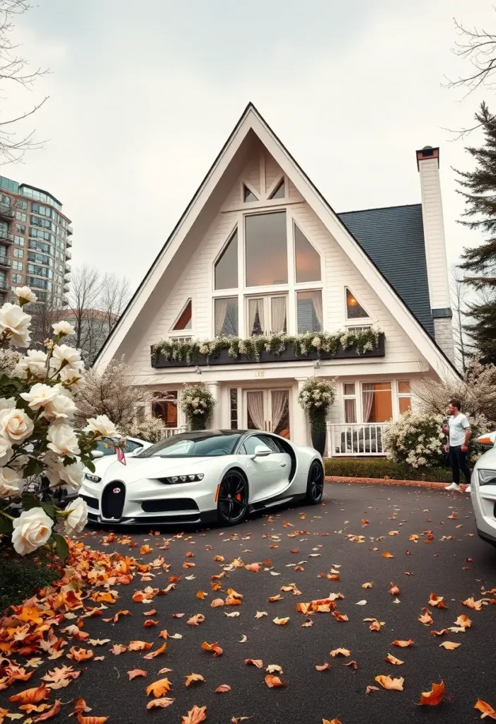 Luxury modern A-frame house with floral-adorned balconies, warm lighting, and a white Bugatti parked in the driveway during autumn.