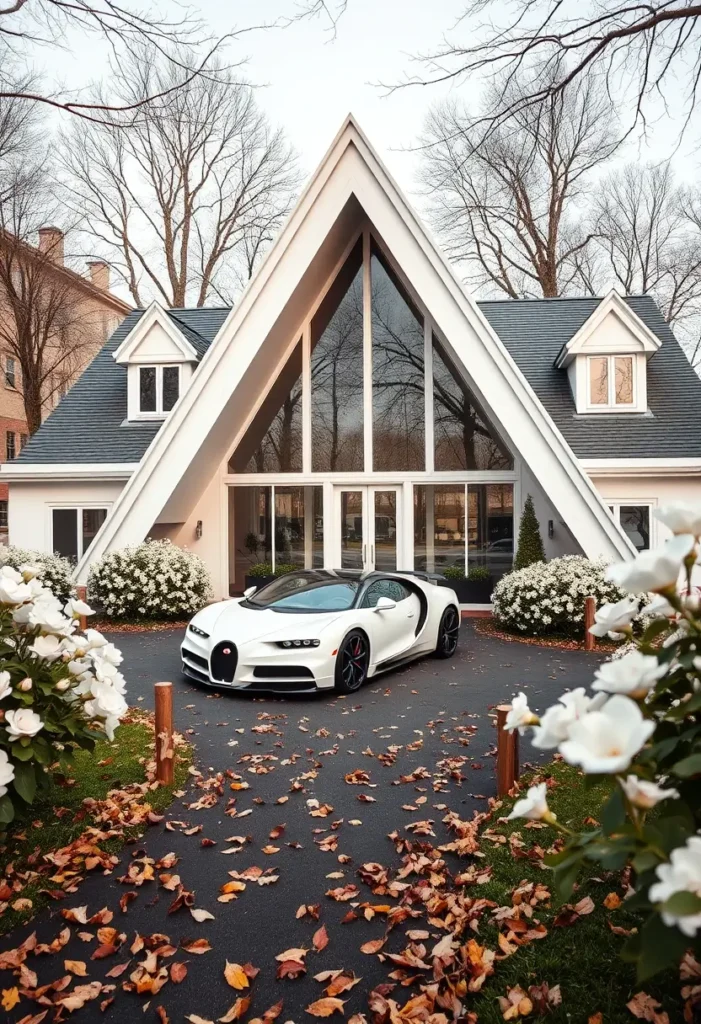 Luxury modern A-frame house with glass walls, dormer windows, and a white Bugatti parked in the driveway, surrounded by autumn leaves and white flowers.