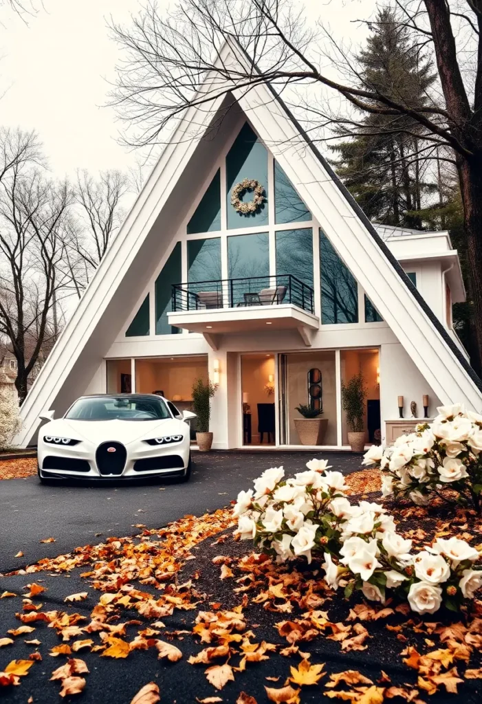 Luxury modern A-frame house with a glass facade, cozy balcony, and a white Bugatti parked in the driveway, surrounded by autumn leaves.