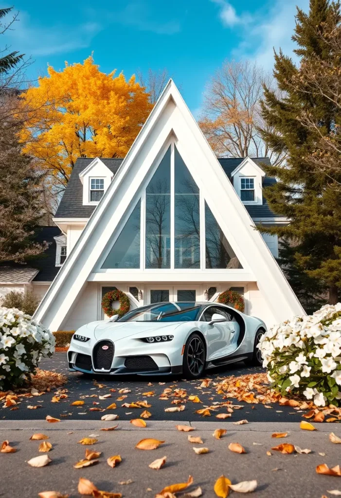 Luxury modern A-frame house with large glass windows, autumn foliage, and a white Bugatti parked in the driveway, decorated with festive wreaths.