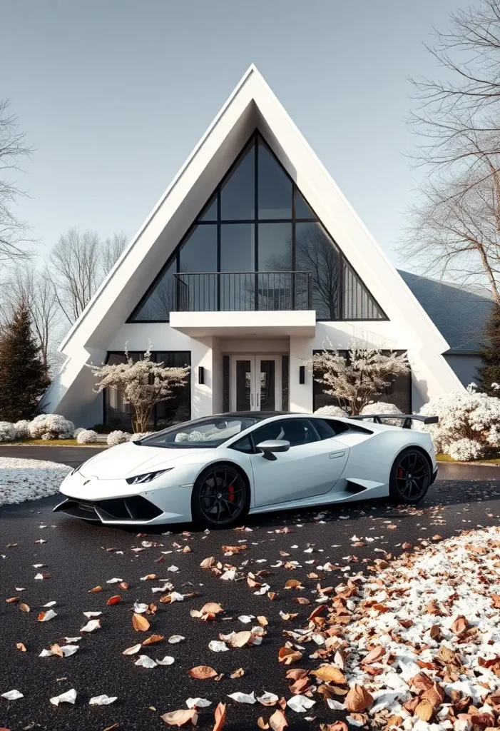 Luxury modern A-frame house with black-framed glass windows, a sleek balcony, and a white Lamborghini parked in the driveway with autumn leaves.