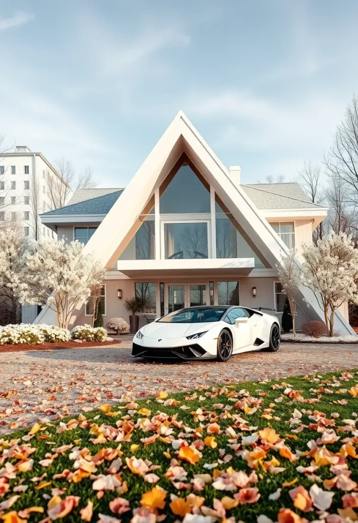 Luxury modern A-frame house with large glass windows, a soft neutral palette, and a white Lamborghini parked in the driveway with autumn leaves.