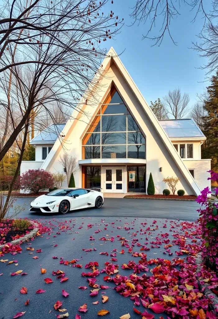 Luxury modern A-frame house with a glass facade, golden hour lighting, and a white Lamborghini parked in the driveway among autumn leaves.