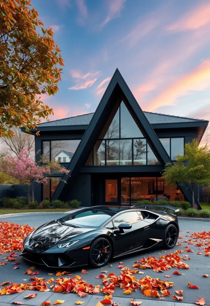 Luxury modern black A-frame house with floor-to-ceiling windows, warm interior lighting, and a black Lamborghini parked amid autumn leaves at sunset.