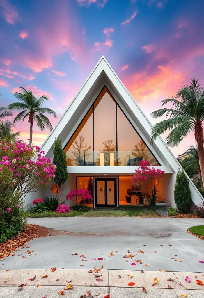 Luxury modern A-frame house with a glass facade, tropical landscaping, and a sunset sky reflecting in the windows.