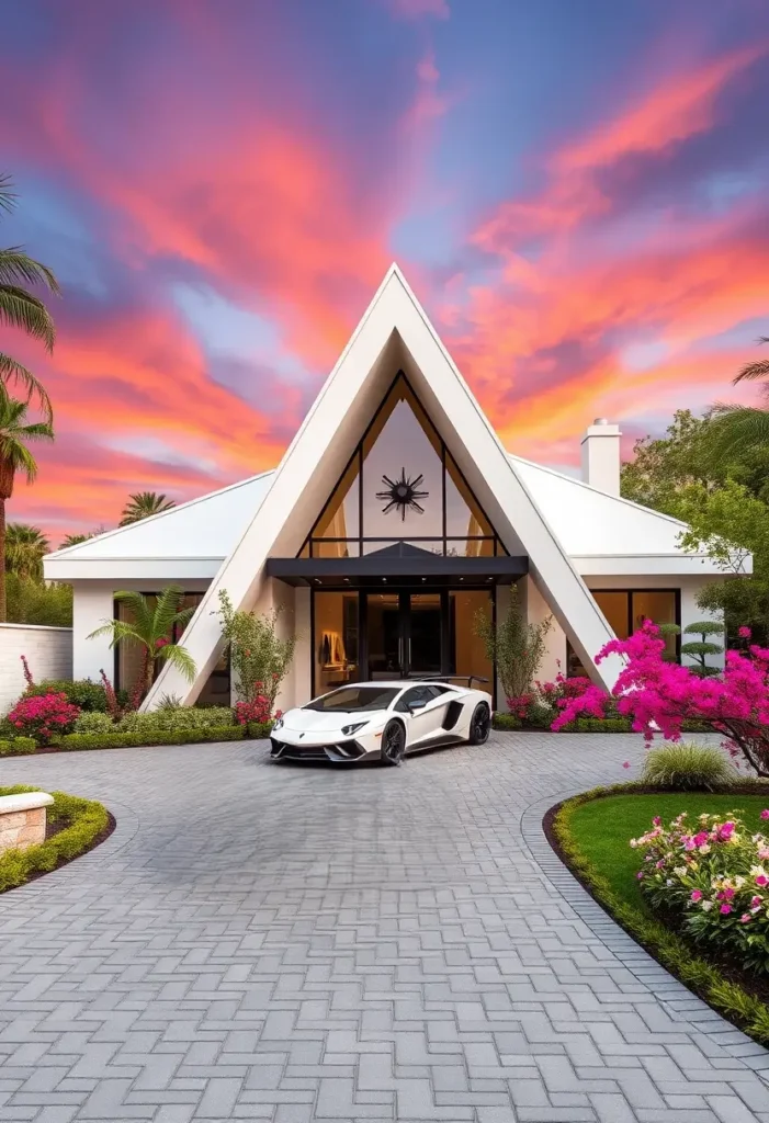 Luxury modern A-frame house with a white supercar, tropical landscaping, and a vibrant sunset sky.