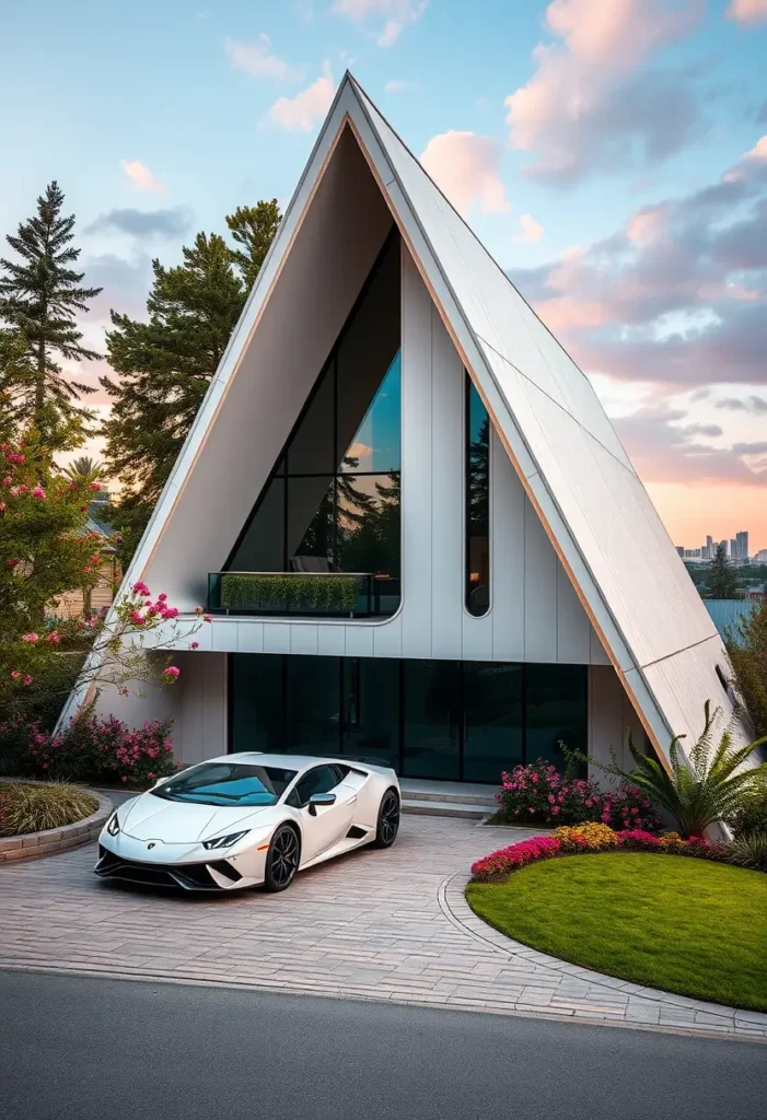 Luxury A-frame house with modern architecture, a white supercar, and a landscaped driveway overlooking a city skyline.