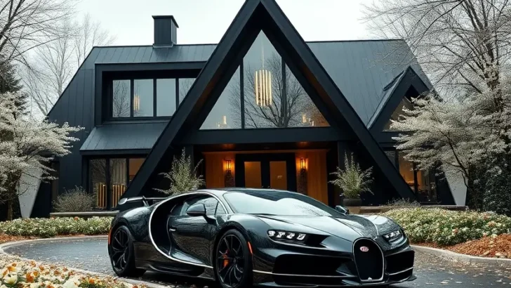 Luxury black A-frame house with large windows, warm interior lighting, and a black Bugatti parked in the driveway, surrounded by autumnal landscaping. II