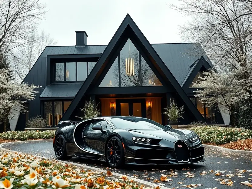 Luxury black A-frame house with large windows, warm interior lighting, and a black Bugatti parked in the driveway, surrounded by autumnal landscaping. II