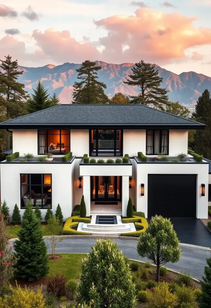 Luxury modern home exterior with black and white contrast, large windows, and elegant landscaping.