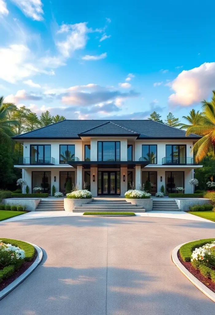 Modern luxury home exterior with grand staircases, black-framed windows, and pristine landscaping.

