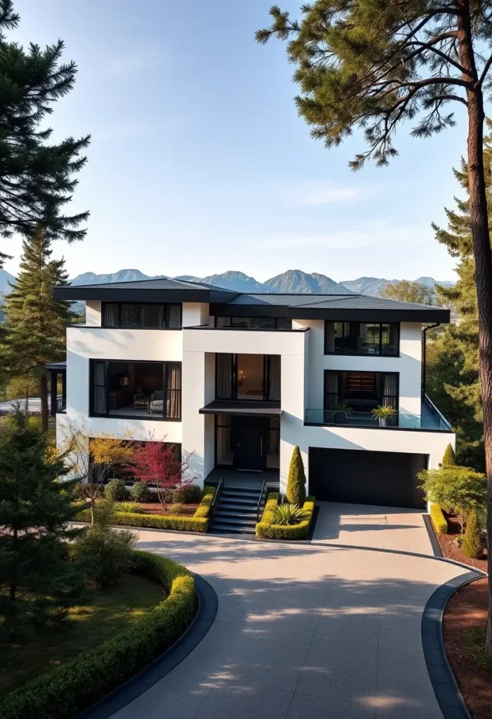 Luxury modern home with geometric design, large windows, and mountain views.