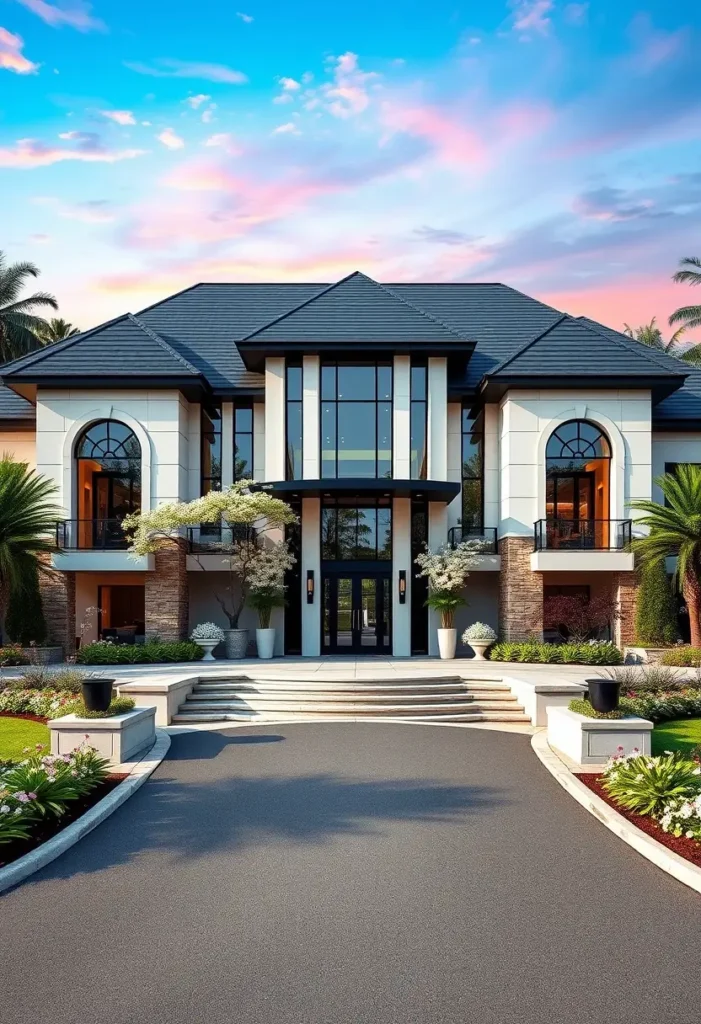 Luxury home exterior with tall glass panels, arched windows, and lush landscaping.

