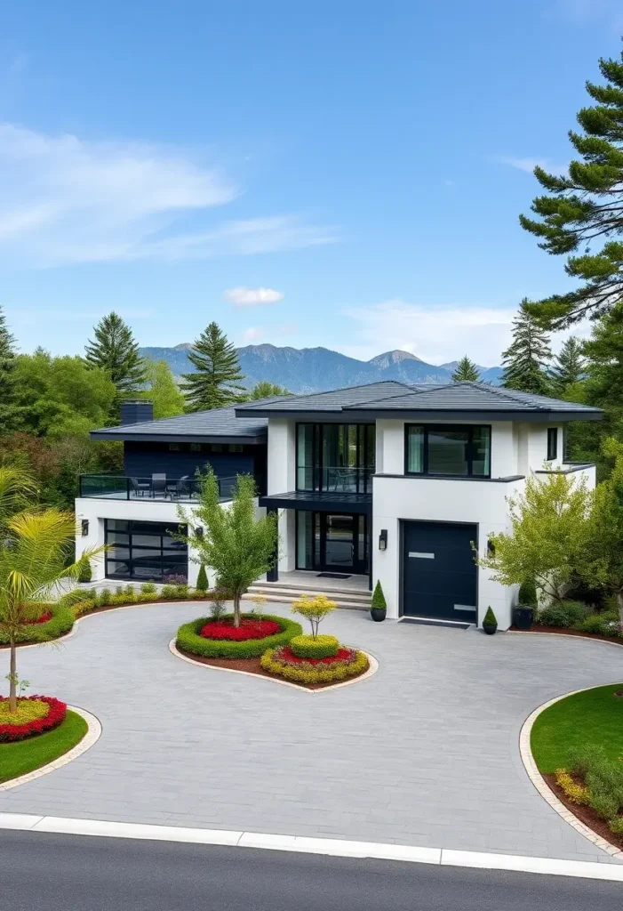 Luxury modern home with black and white facade, vibrant landscaping, and a spacious balcony.