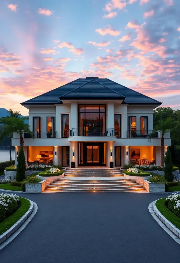 Luxury home exterior with dramatic lighting, glass windows, and elegant staircases.