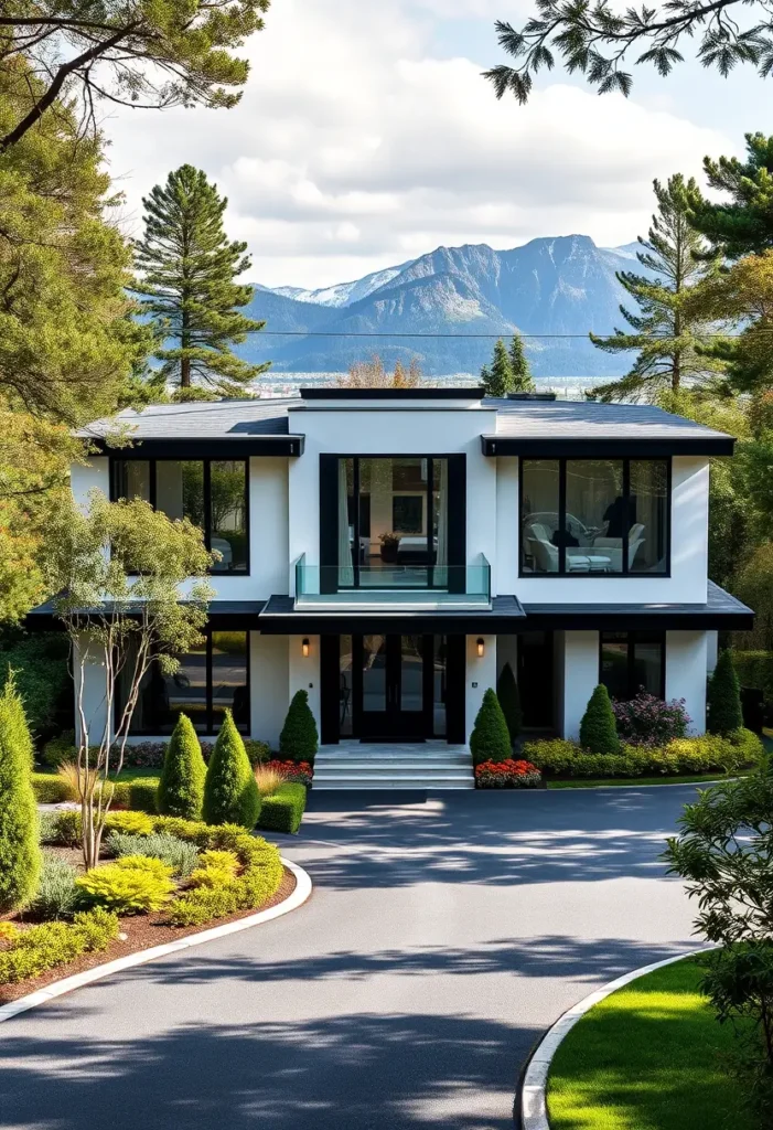 Modern luxury home with black and white contrast, glass balcony, and scenic mountain views.