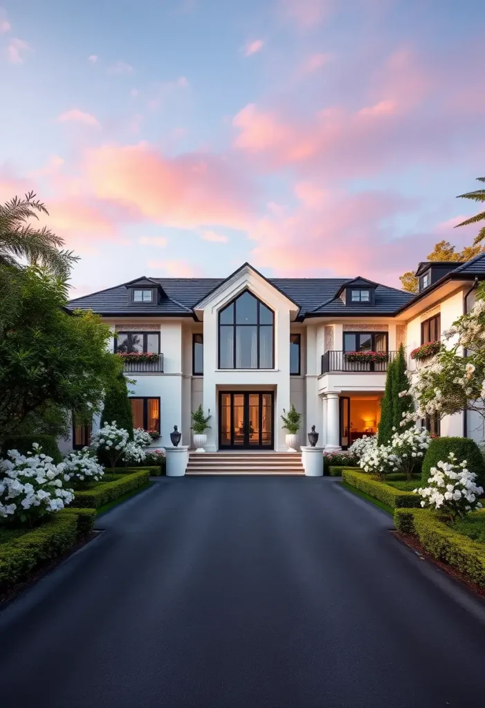 Luxury home exterior with gabled entry, large glass windows, and manicured landscaping.

