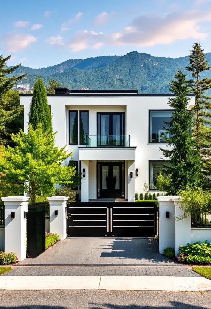 Luxury modern home with a black gate, glass balcony, and lush greenery.