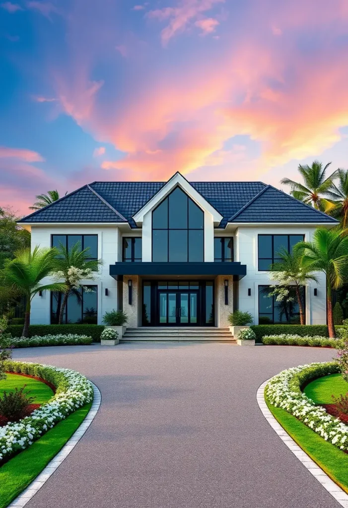 Modern luxury home with a gabled roof, large windows, and tropical landscaping.

