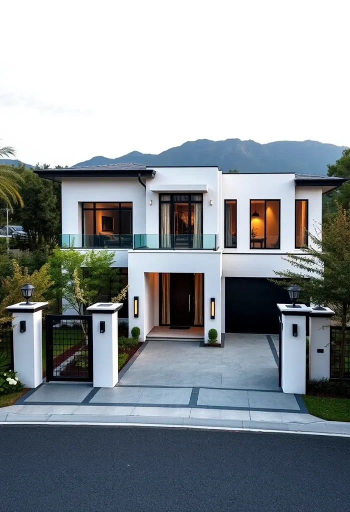 Luxury modern home with a white facade, black accents, and a gated entrance.