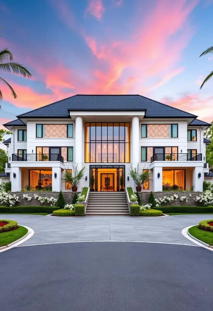 Modern luxury home exterior with grand columns, glass windows, and elegant landscaping.

