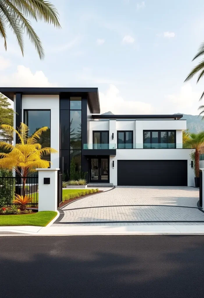 Luxury modern home with a bold black-and-white facade, glass balcony, and tropical landscaping.