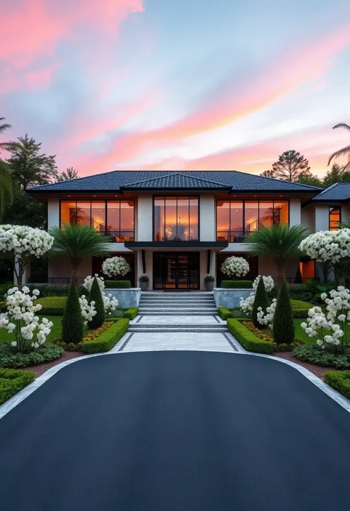 Luxury modern home exterior with clean lines, glass panels, and vibrant landscaping.

