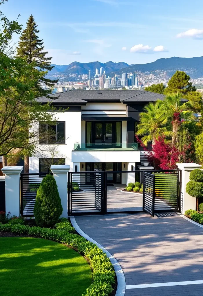 Luxury modern home with a gated entrance, glass balcony, and panoramic city views.