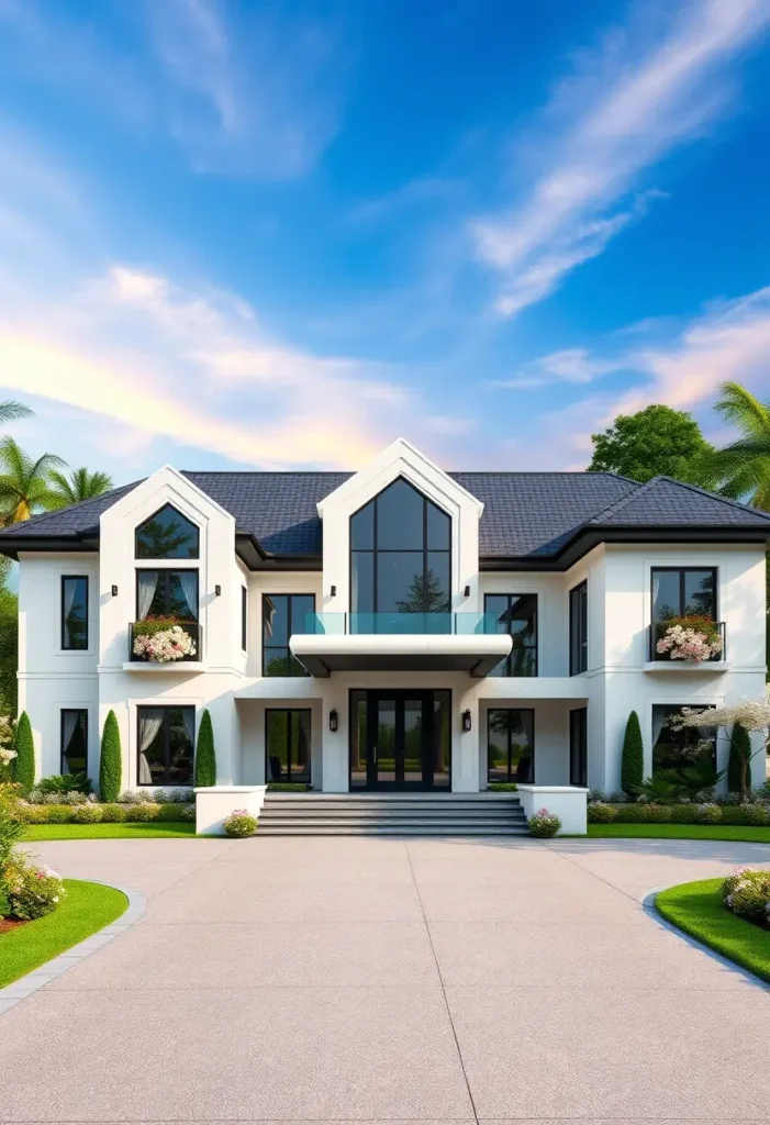 Luxury home exterior with dual gables, glass balcony, and floral accents.

