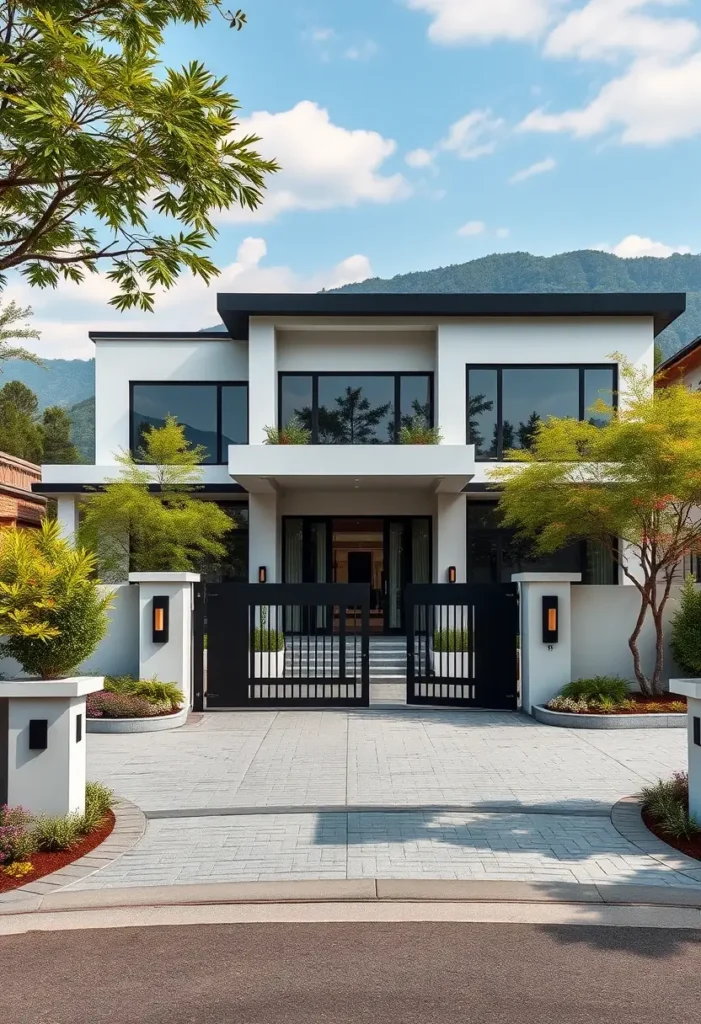 Luxury modern home with a black gate, white facade, and expansive glass windows.