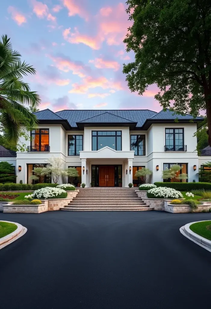 Modern luxury home with wood-paneled doors, black-framed windows, and elegant landscaping.

