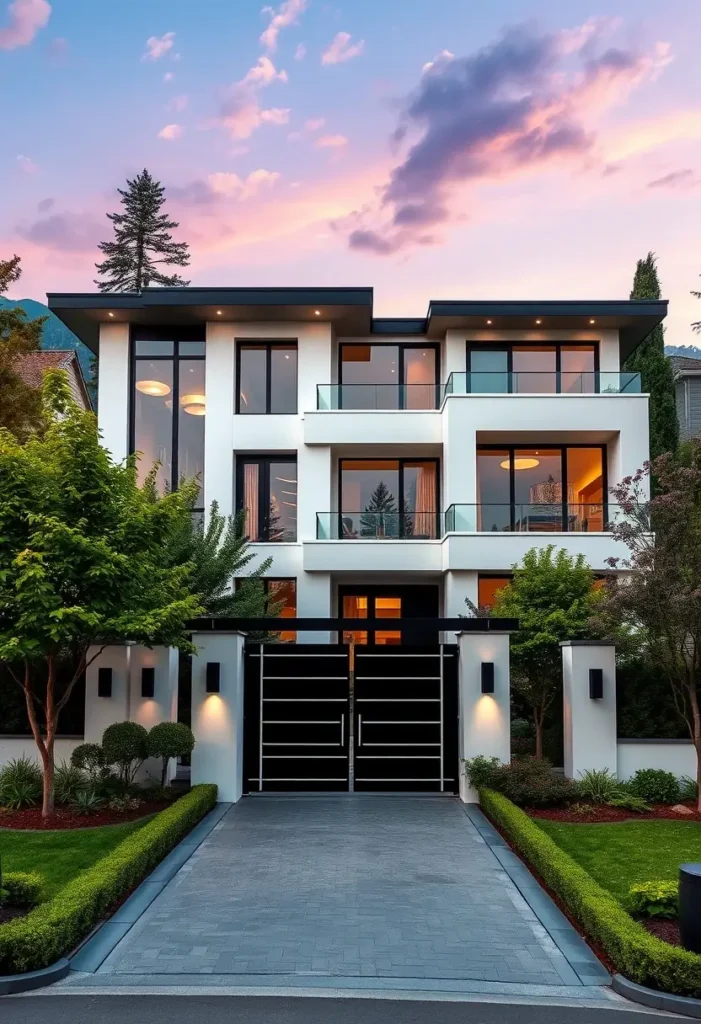 Luxury modern home with a three-story design, glass balconies, and a gated entrance.