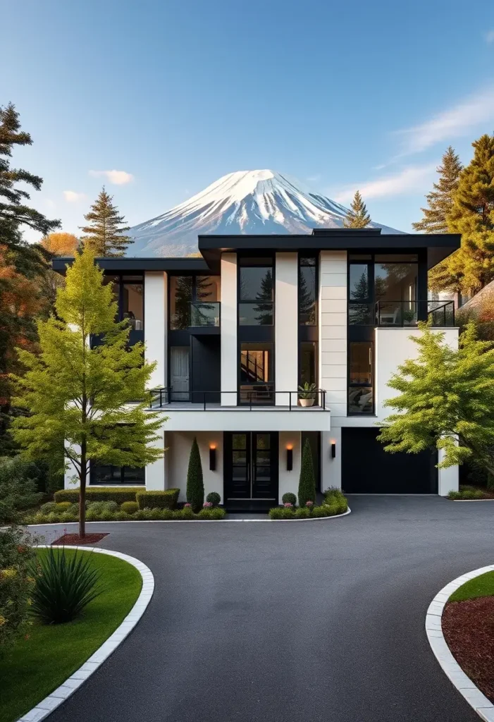 Luxury modern home with black and white contrast, large windows, and a mountain backdrop.