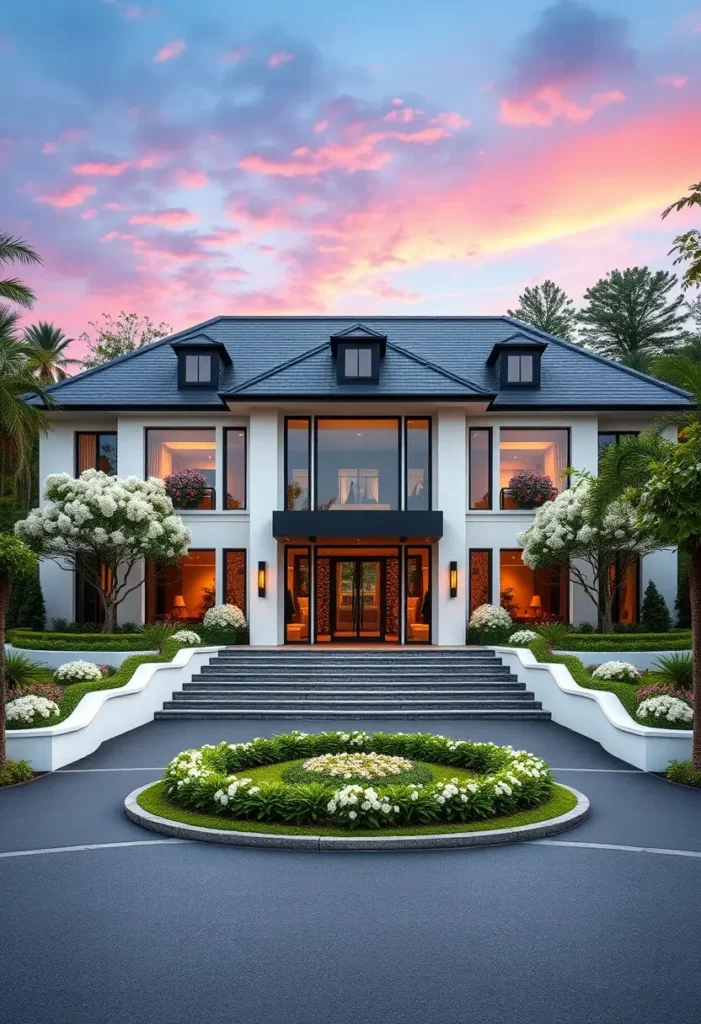 Luxury home exterior with dormer windows, large glass panels, and tiered landscaping.

