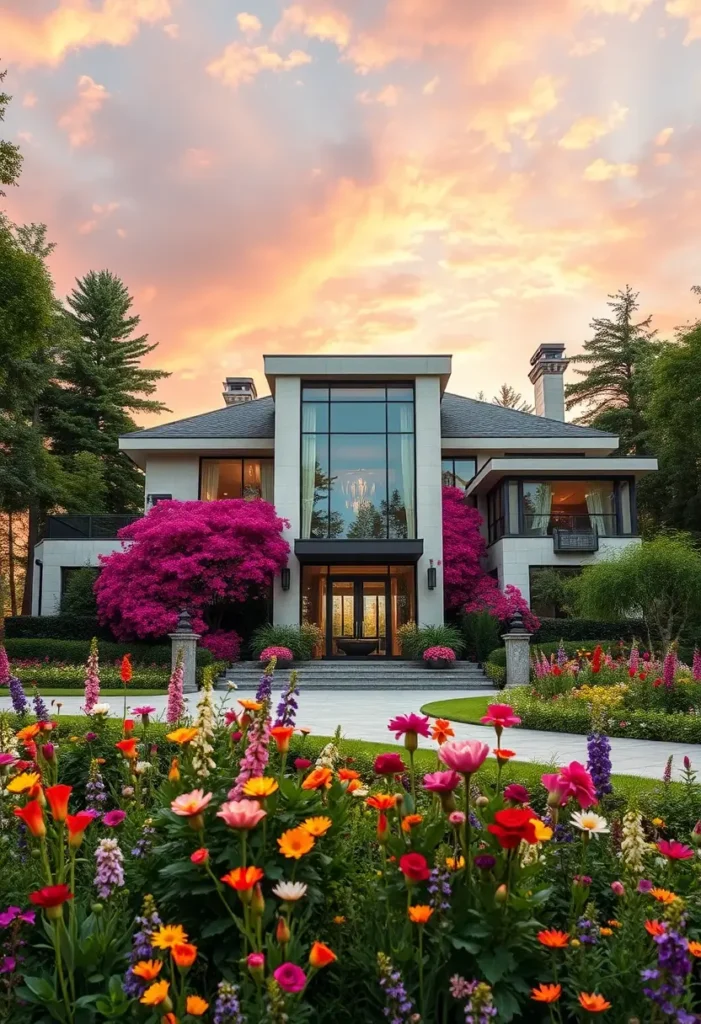 Modern luxury home with vibrant pink blossoms, colorful landscaping, and sleek architecture.

