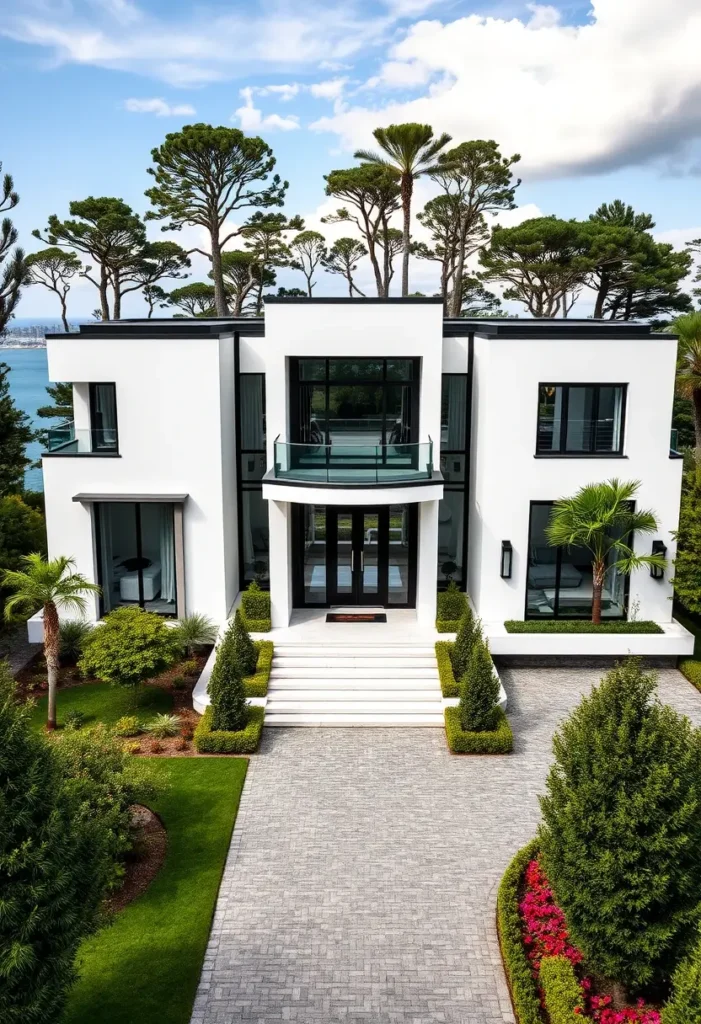 Luxury modern home with ocean views, grand entrance, and manicured landscaping.