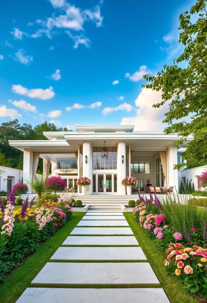 Modern luxury home with grand columns, open design, and a vibrant floral garden.

