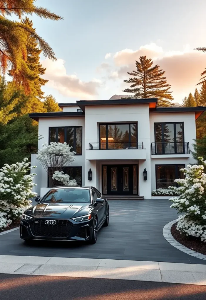 Luxury modern home with a black and white facade, custom double doors, and elegant landscaping.