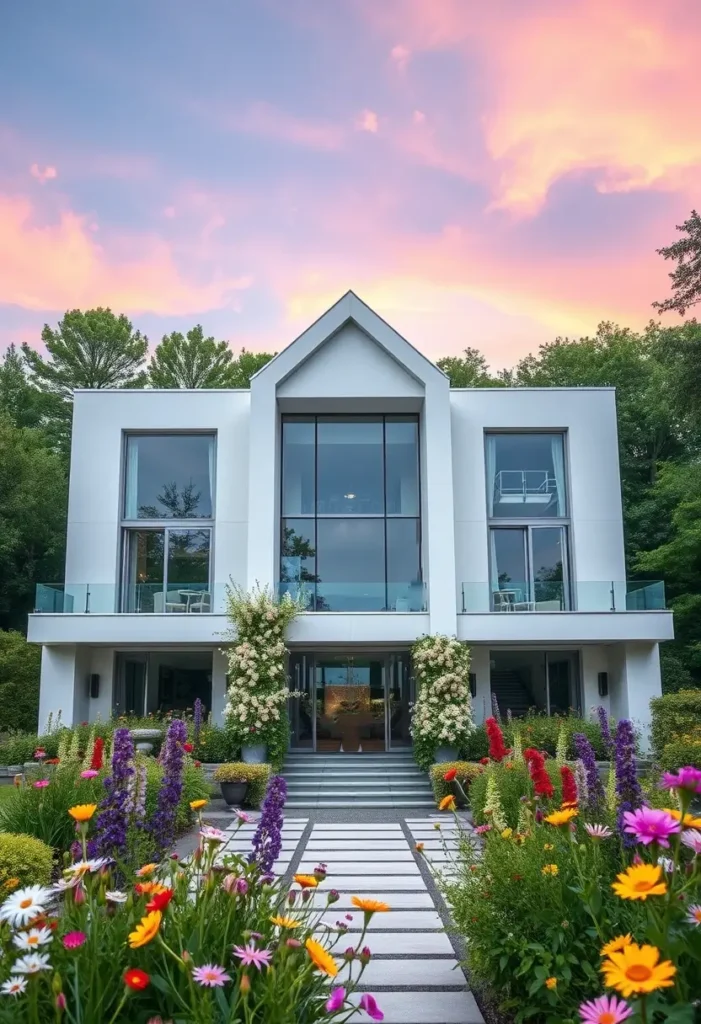 Modern white home with a geometric facade, glass panels, and colorful floral landscaping.

