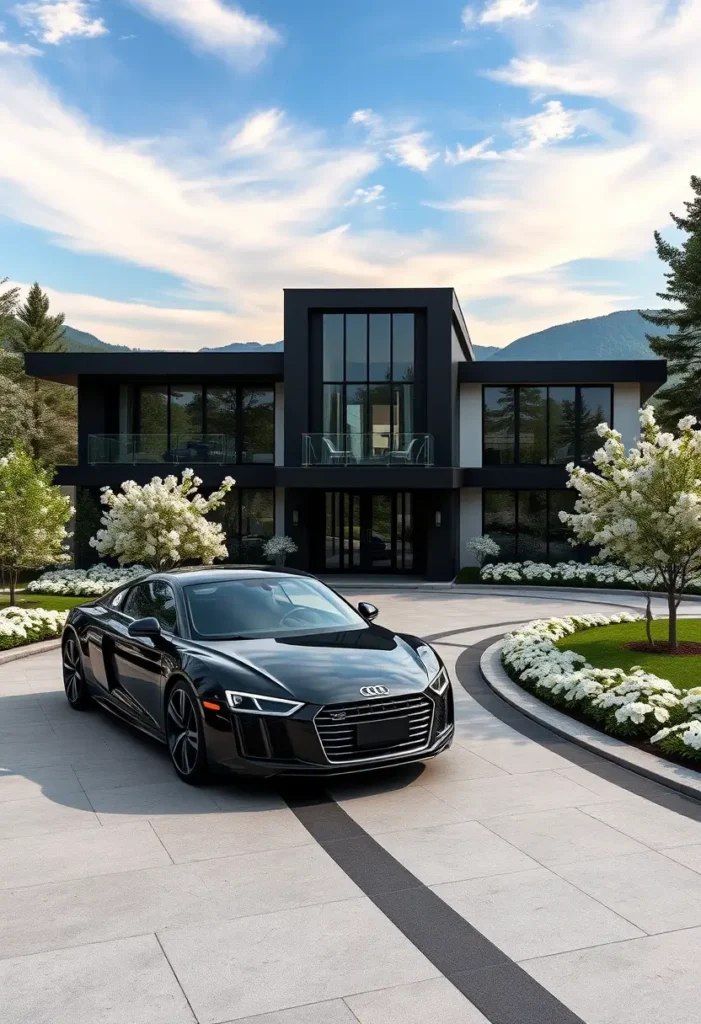 Luxury modern black mansion with glass windows, circular driveway, and a sports car.