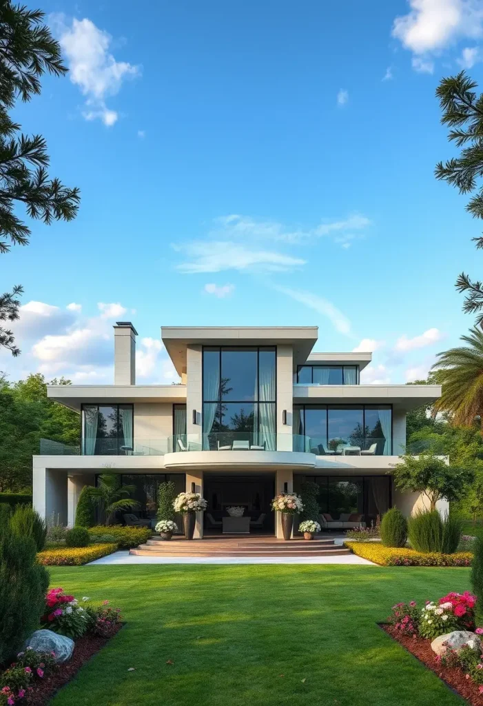 Modern luxury home with glass windows, open balconies, and lush greenery.

